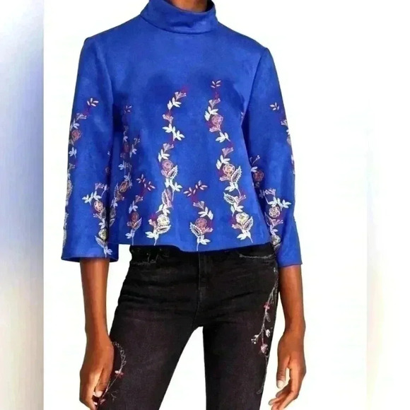 Zara Blue Faux Suede Floral Embroidered Blouse, Size Small Bohemian - Picture 1 of 7